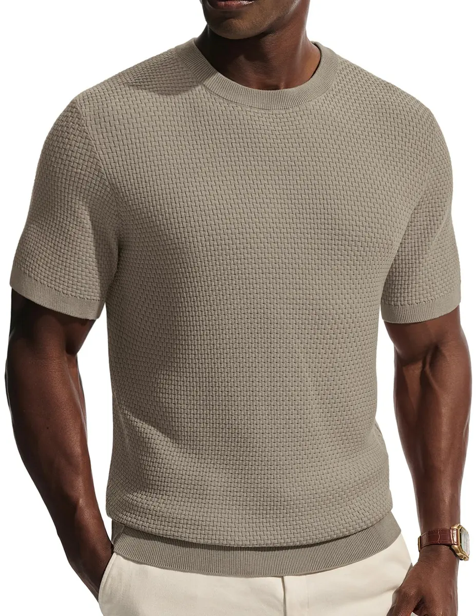PJ PAUL JONES Men's Classic Short Sleeve Knit Tee Textured Solid Khaki Medium | Breathable Cool Touch Fabric - main product image