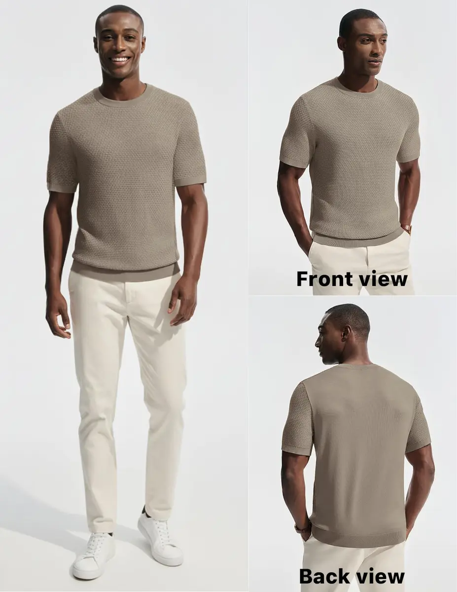 PJ PAUL JONES Men's Classic Short Sleeve Knit Tee Textured Solid Khaki Medium | Breathable Cool Touch Fabric - view 3