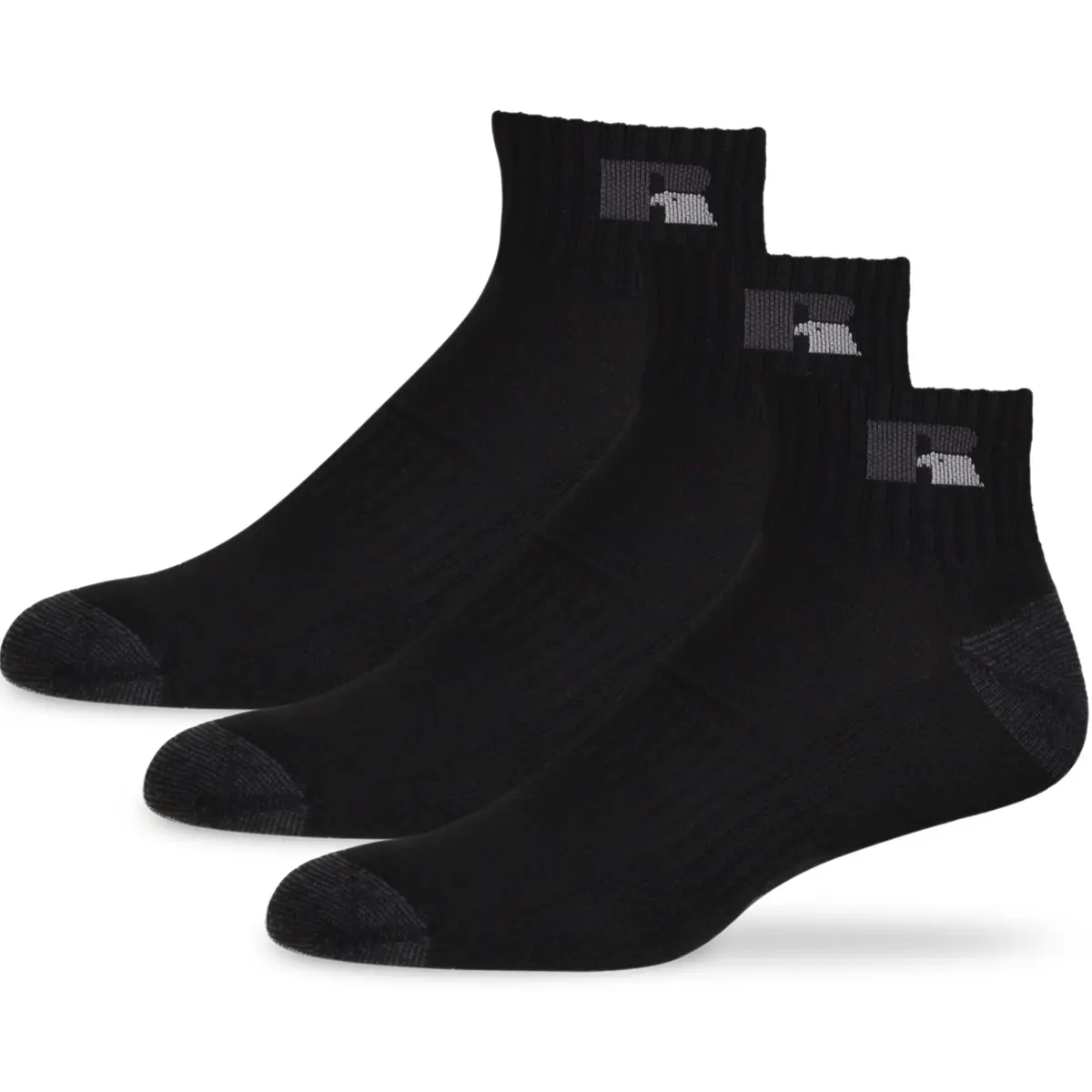Russell Athletic Quarter Ankle Socks 3-Pack Size Medium Black | Moisture Wicking Cushioned Arch Support - main product image