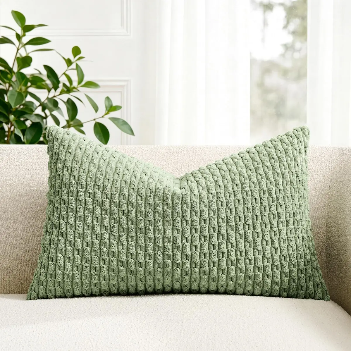 K KEVIN TEXTILE Soft Corduroy Lumbar Pillow Cover 14x20 Inch | Sage Green Boho Stripe - main product image