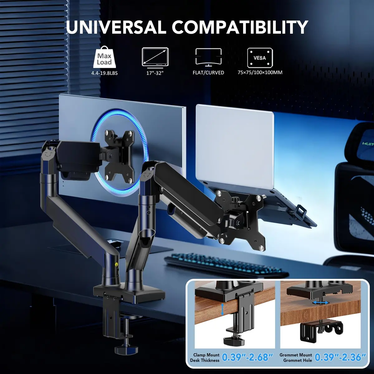 AX WABER Dual Monitor Stand for 17″–32″ Screens | Full Motion VESA Mount with C-Clamp & Grommet Base - view 2