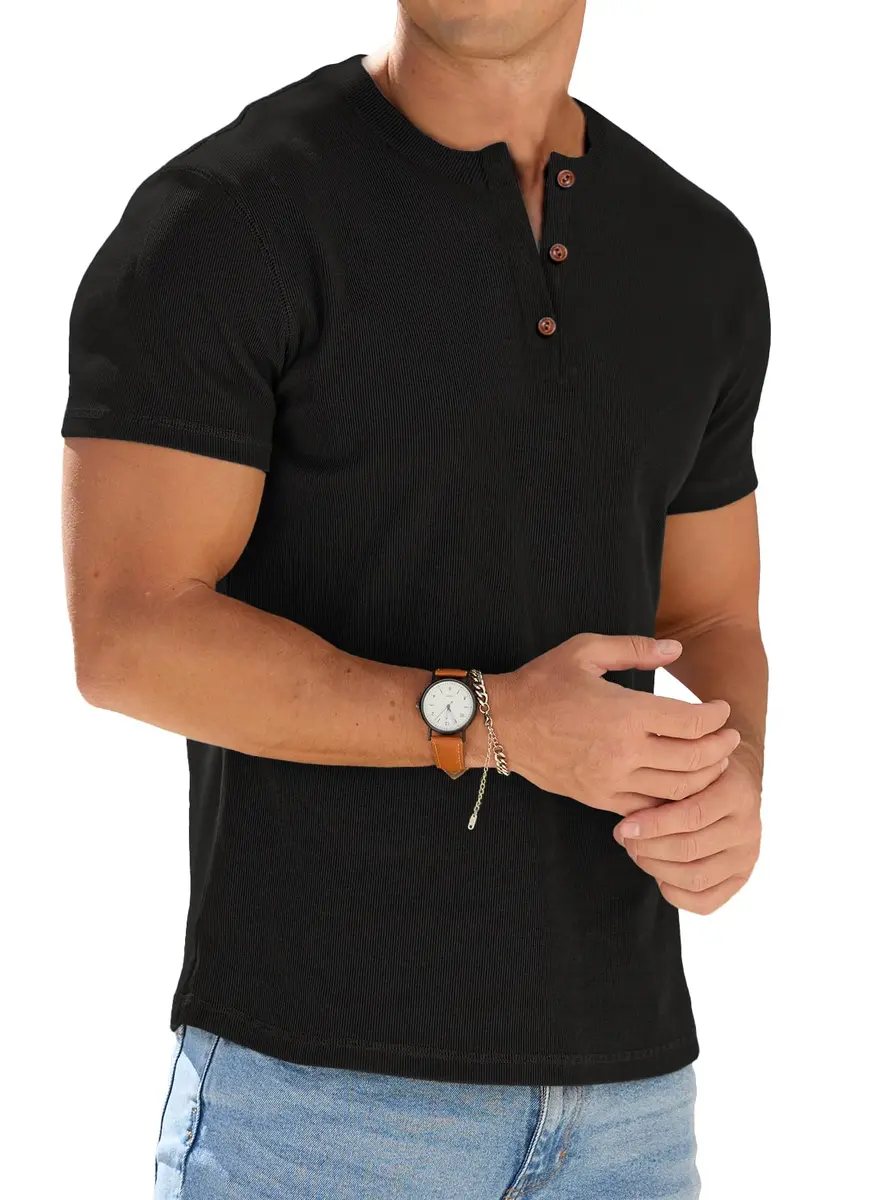 Sailwind Mens Muscle Henley Shirts Lightweight Workout T-Shirt Short Sleeve with Button Black | Classic Fit, Soft Fabric - main product image