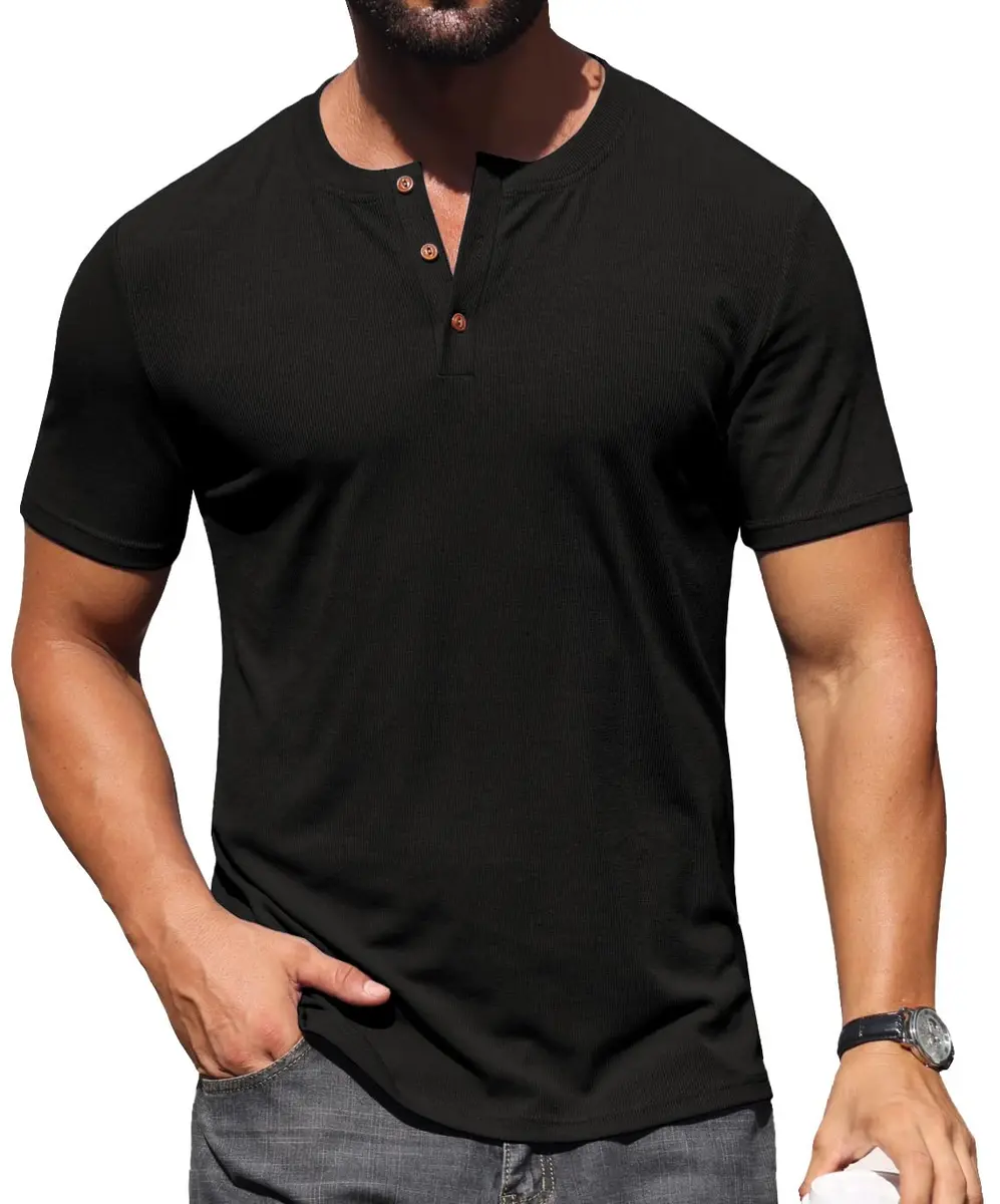 Sailwind Mens Muscle Henley Shirts Lightweight Workout T-Shirt Short Sleeve with Button Black | Classic Fit, Soft Fabric - view 5