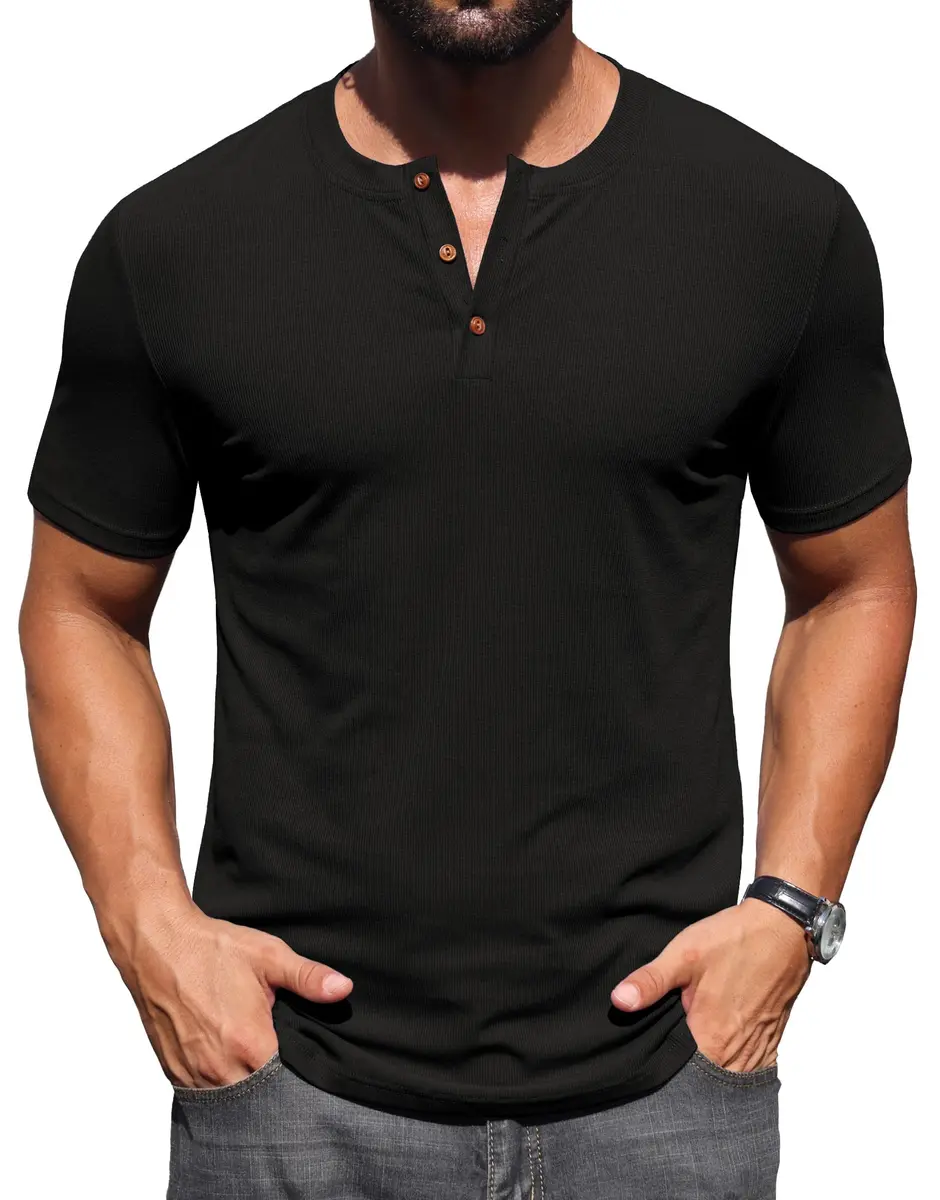 Sailwind Mens Muscle Henley Shirts Lightweight Workout T-Shirt Short Sleeve with Button Black | Classic Fit, Soft Fabric - view 6