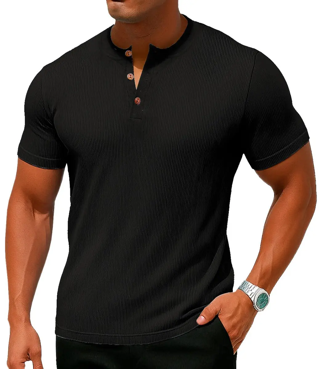 Sailwind Mens Muscle Henley Shirts Lightweight Workout T-Shirt Short Sleeve with Button Black | Classic Fit, Soft Fabric - view 2