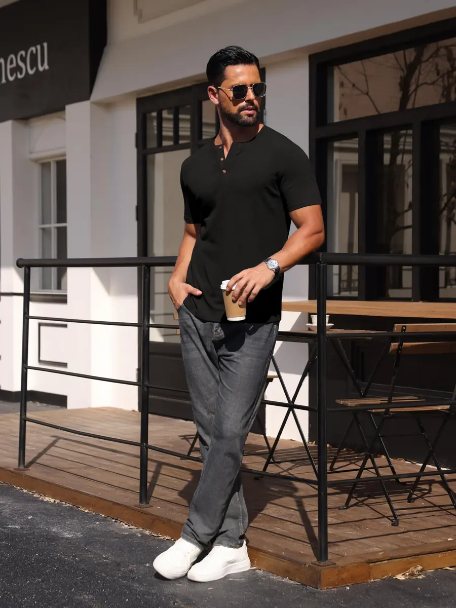 Sailwind Mens Muscle Henley Shirts Lightweight Workout T-Shirt Short Sleeve with Button Black | Classic Fit, Soft Fabric - view 3