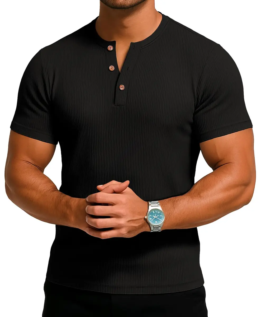 Sailwind Mens Muscle Henley Shirts Lightweight Workout T-Shirt Short Sleeve with Button Black | Classic Fit, Soft Fabric - view 4