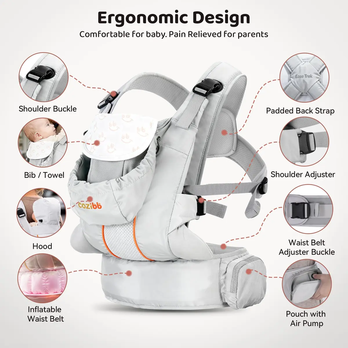 CoziBB Baby Carrier 3-in-1 with Air Cushion Waist Belt | Ergonomic Newborn to Toddler Support (70-120 chars) - view 6