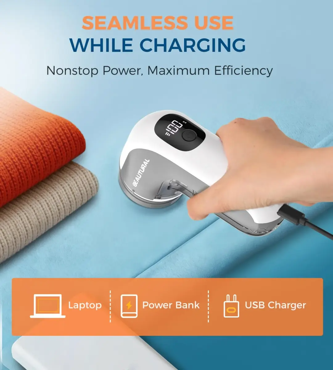 BEAUTURAL Rechargeable Fabric Shaver and Lint Remover, Portable Sweater Defuzzer with 3 Speeds | Removes Pilling from Clothes and Upholstery - view 5