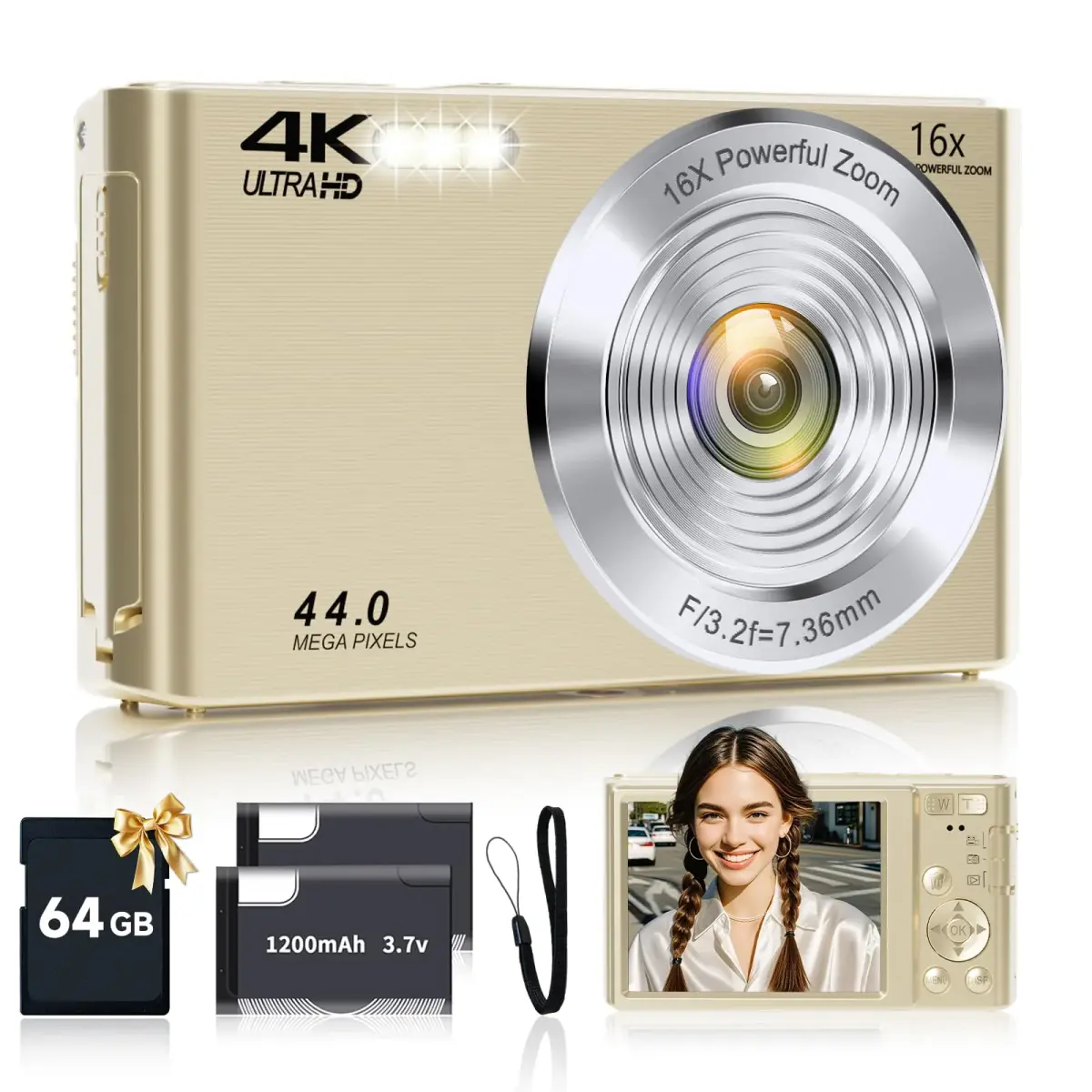 SMARTKLIK Gold Digital Camera 44MP FHD 4K | 16X Zoom, 2.8" LCD, 64GB Card - main product image