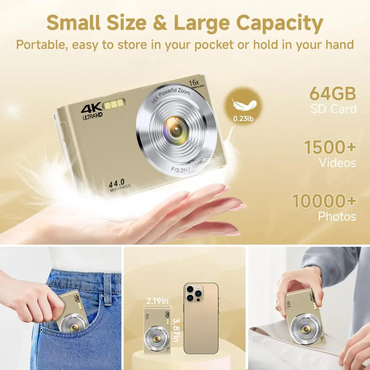 SMARTKLIK Gold Digital Camera 44MP FHD 4K | 16X Zoom, 2.8" LCD, 64GB Card - view 5