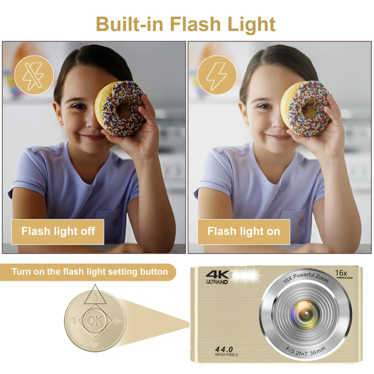 SMARTKLIK Gold Digital Camera 44MP FHD 4K | 16X Zoom, 2.8" LCD, 64GB Card - view 7