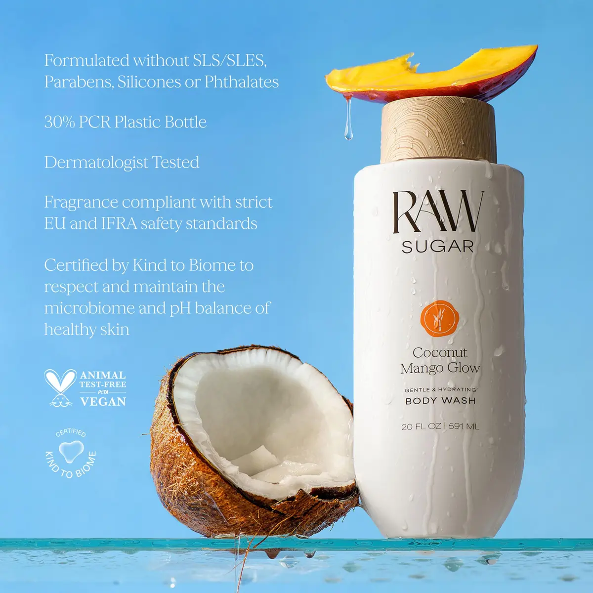 RAW SUGAR Coconut Mango Glow Body Wash 20 Fl Oz | Brightening & Hydrating Vegan Gel - view 6