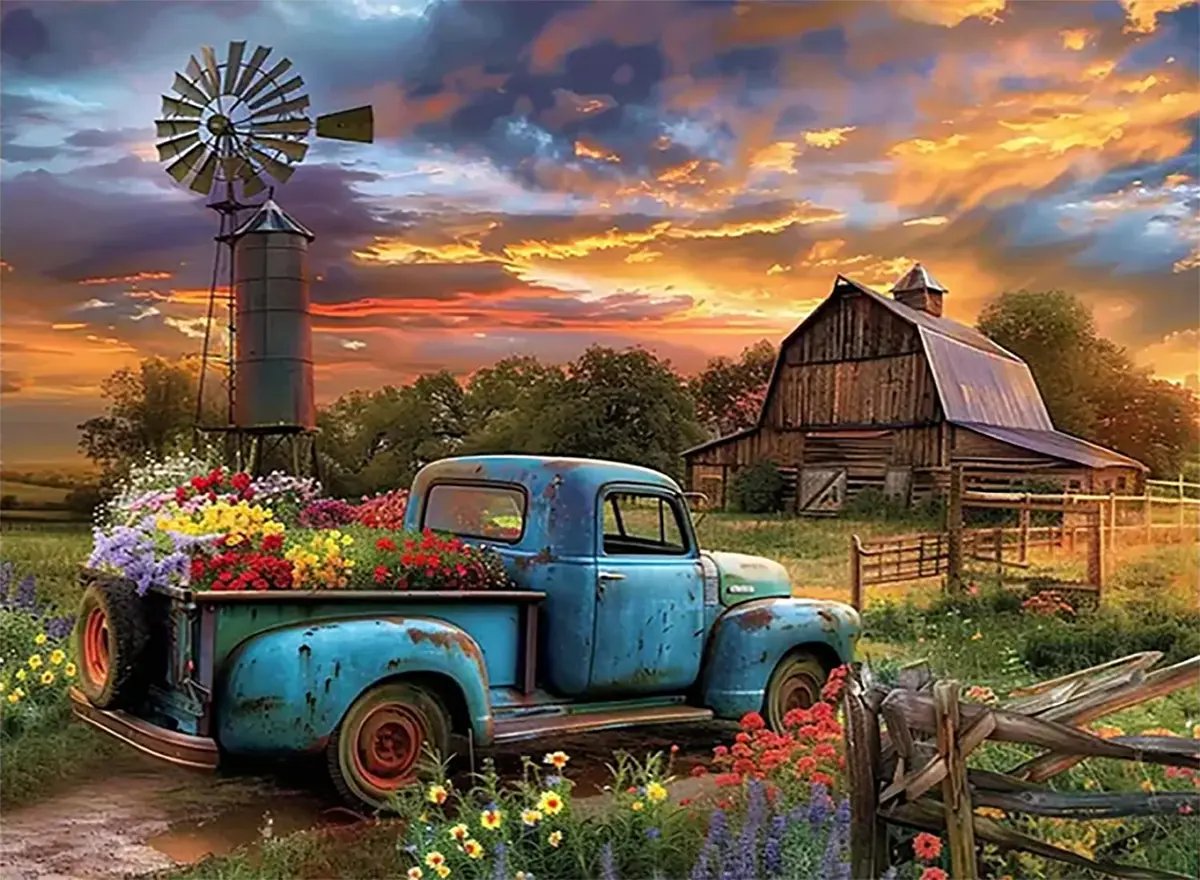 Fairyland JinWenn Rustic Farmhouse Barn Truck Flower Paint by Numbers Kit for Adults 40x50 cm | Relaxing DIY Wall Art - main product image