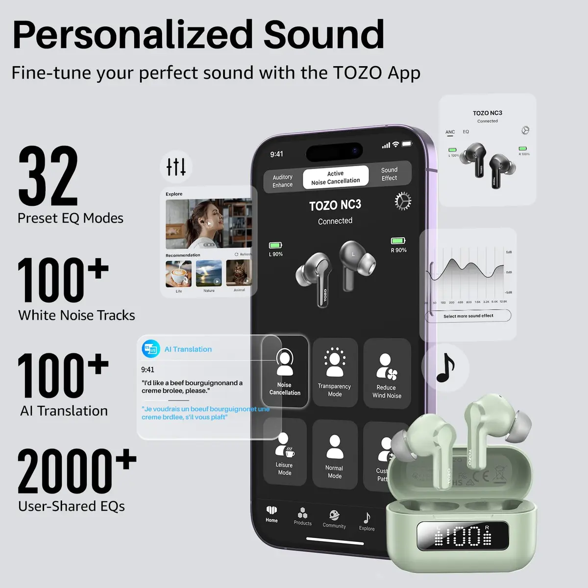 TOZO Hybrid Active Noise Cancelling In Ear Wireless Earbuds | 68H Playtime, IPX8 Waterproof - view 6