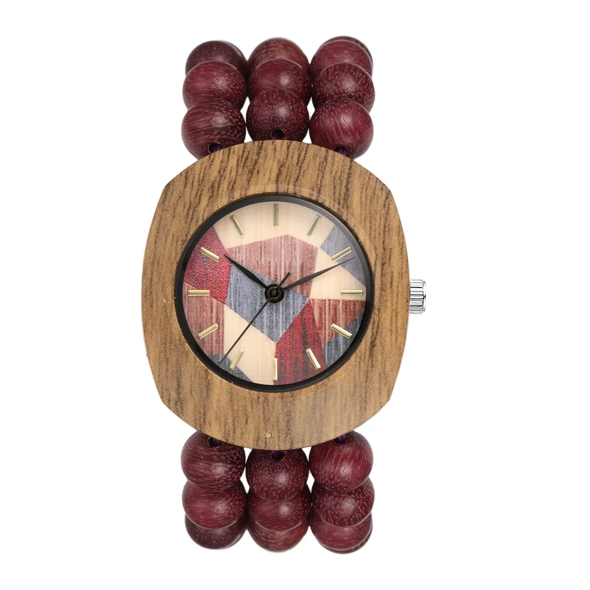 JewelryWe Bohemian Wooden Elastic Watch: Handcrafted Tonneau Beaded Wood Bracelet Analog Quartz Wristwatch for Women 3.7cm (1.46") Case | Artistic Colorblock Dial - main product image