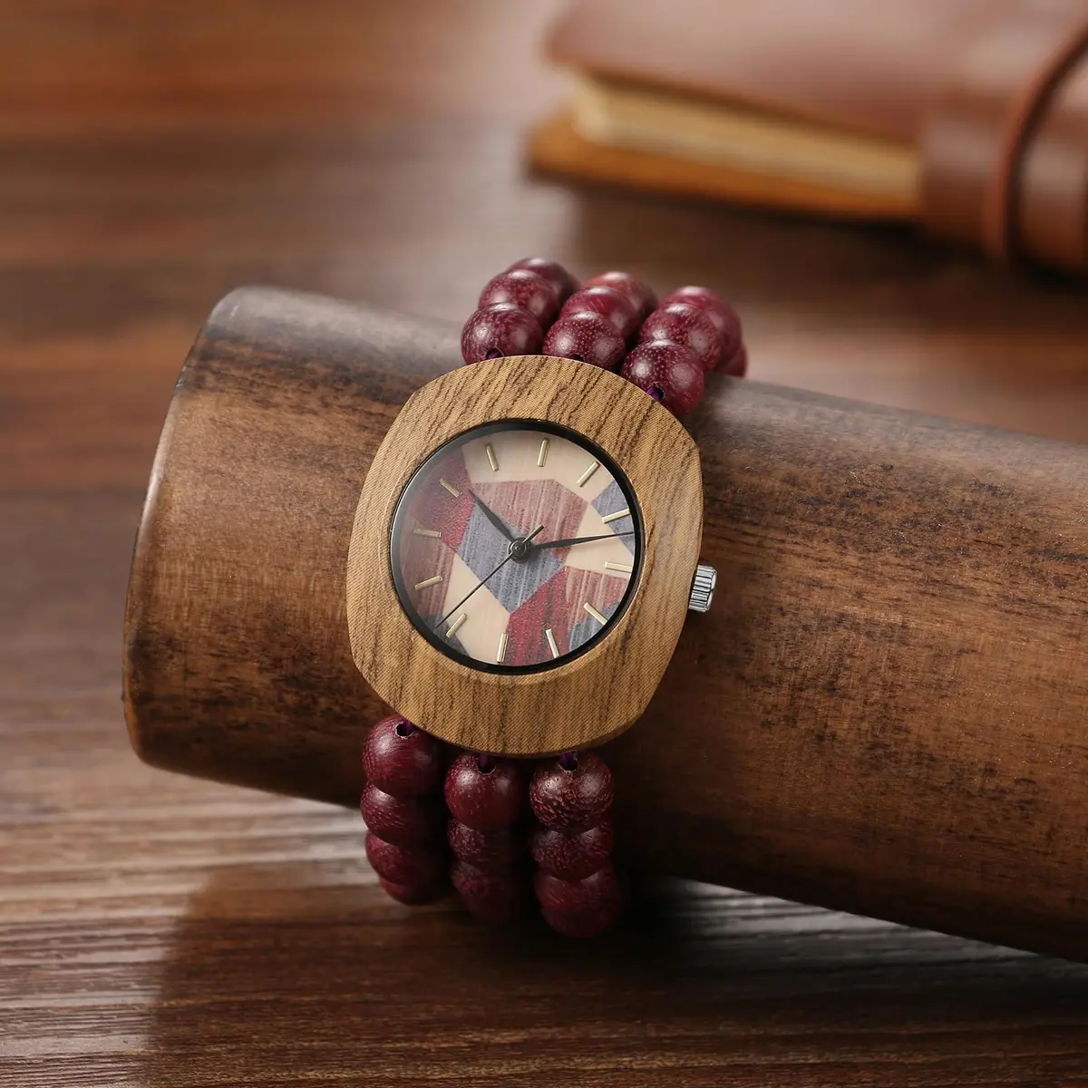 JewelryWe Bohemian Wooden Elastic Watch: Handcrafted Tonneau Beaded Wood Bracelet Analog Quartz Wristwatch for Women 3.7cm (1.46") Case | Artistic Colorblock Dial - view 5