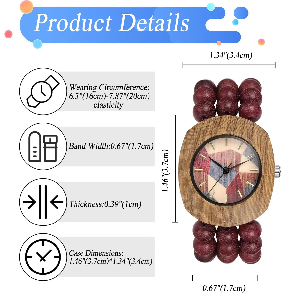 JewelryWe Bohemian Wooden Elastic Watch: Handcrafted Tonneau Beaded Wood Bracelet Analog Quartz Wristwatch for Women 3.7cm (1.46") Case | Artistic Colorblock Dial - view 6