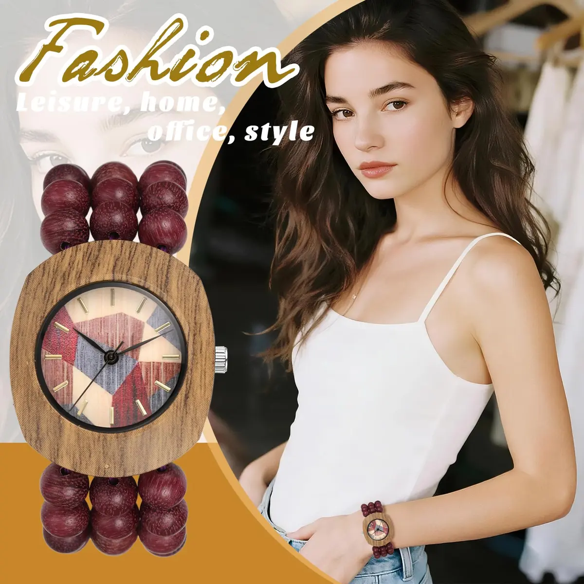 JewelryWe Bohemian Wooden Elastic Watch: Handcrafted Tonneau Beaded Wood Bracelet Analog Quartz Wristwatch for Women 3.7cm (1.46") Case | Artistic Colorblock Dial - view 7