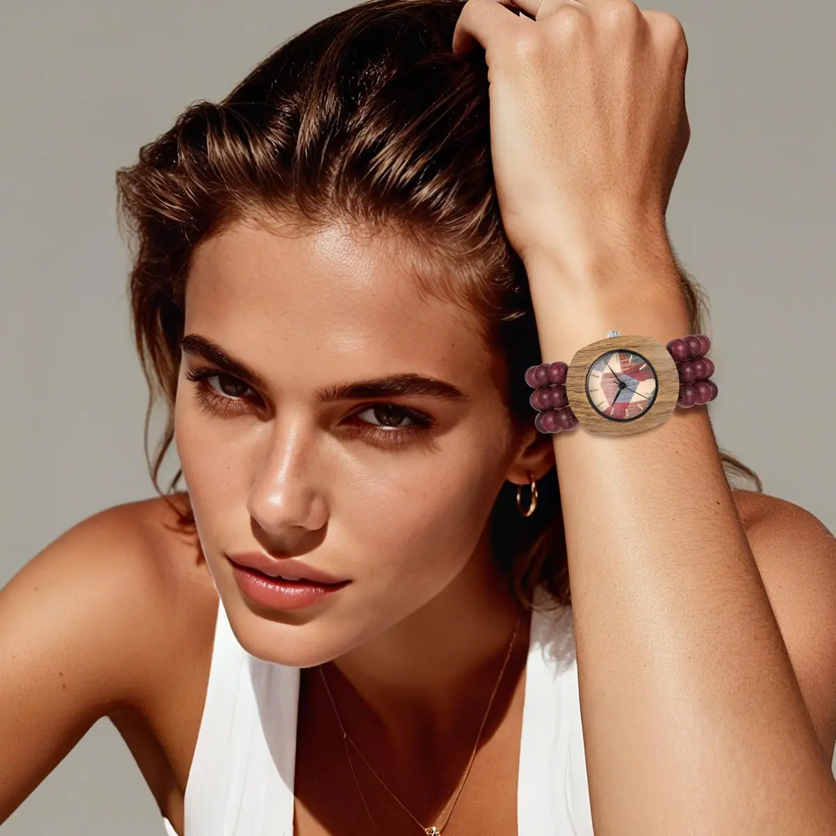 JewelryWe Bohemian Wooden Elastic Watch: Handcrafted Tonneau Beaded Wood Bracelet Analog Quartz Wristwatch for Women 3.7cm (1.46") Case | Artistic Colorblock Dial - view 8