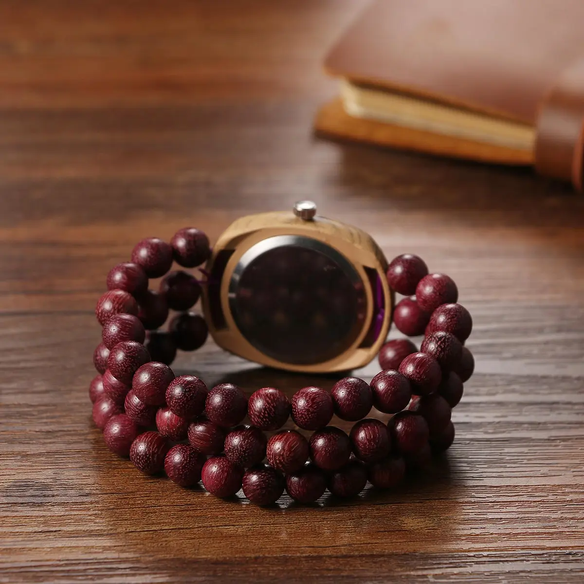 JewelryWe Bohemian Wooden Elastic Watch: Handcrafted Tonneau Beaded Wood Bracelet Analog Quartz Wristwatch for Women 3.7cm (1.46") Case | Artistic Colorblock Dial - view 4