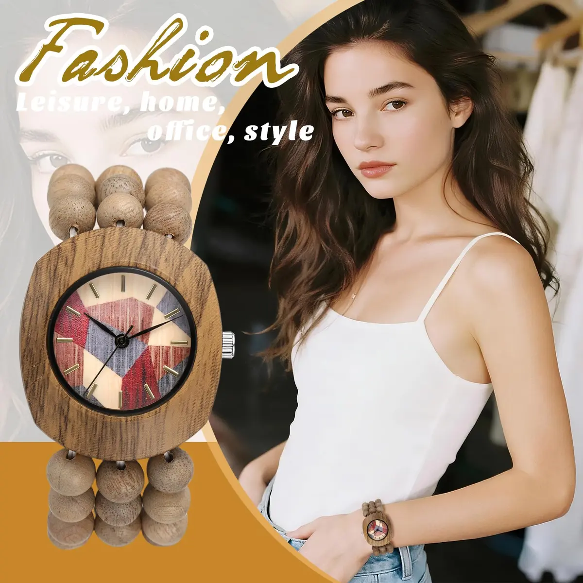 JewelryWe Bohemian Wooden Elastic Watch 3.7cm (1.46in) Case | Handcrafted Wood Bracelet Analog Quartz Wristwatch for Women - view 5