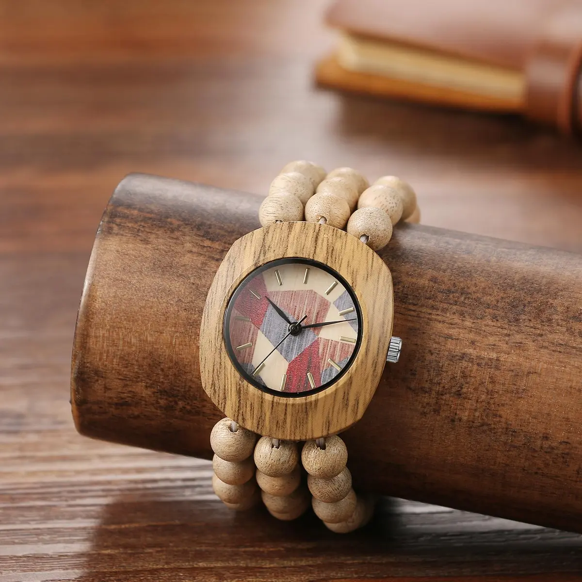 JewelryWe Bohemian Wooden Elastic Watch 3.7cm (1.46in) Case | Handcrafted Wood Bracelet Analog Quartz Wristwatch for Women - view 6