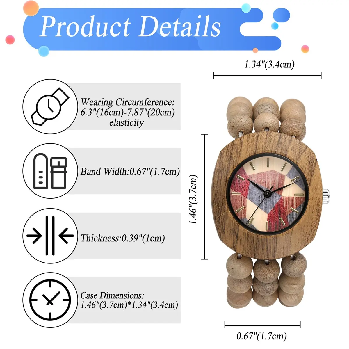 JewelryWe Bohemian Wooden Elastic Watch 3.7cm (1.46in) Case | Handcrafted Wood Bracelet Analog Quartz Wristwatch for Women - view 2