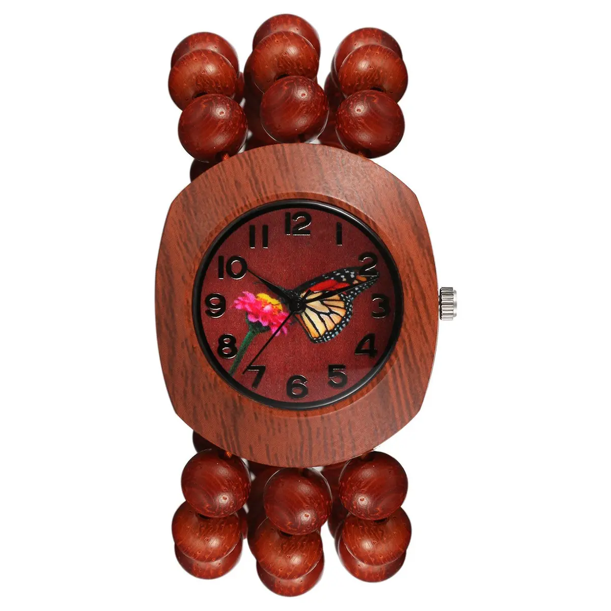 JewelryWe Bohemian Wooden Elastic Watch with Butterfly Dial | 3.7cm Tonneau Case, 1.7cm Band Width - main product image