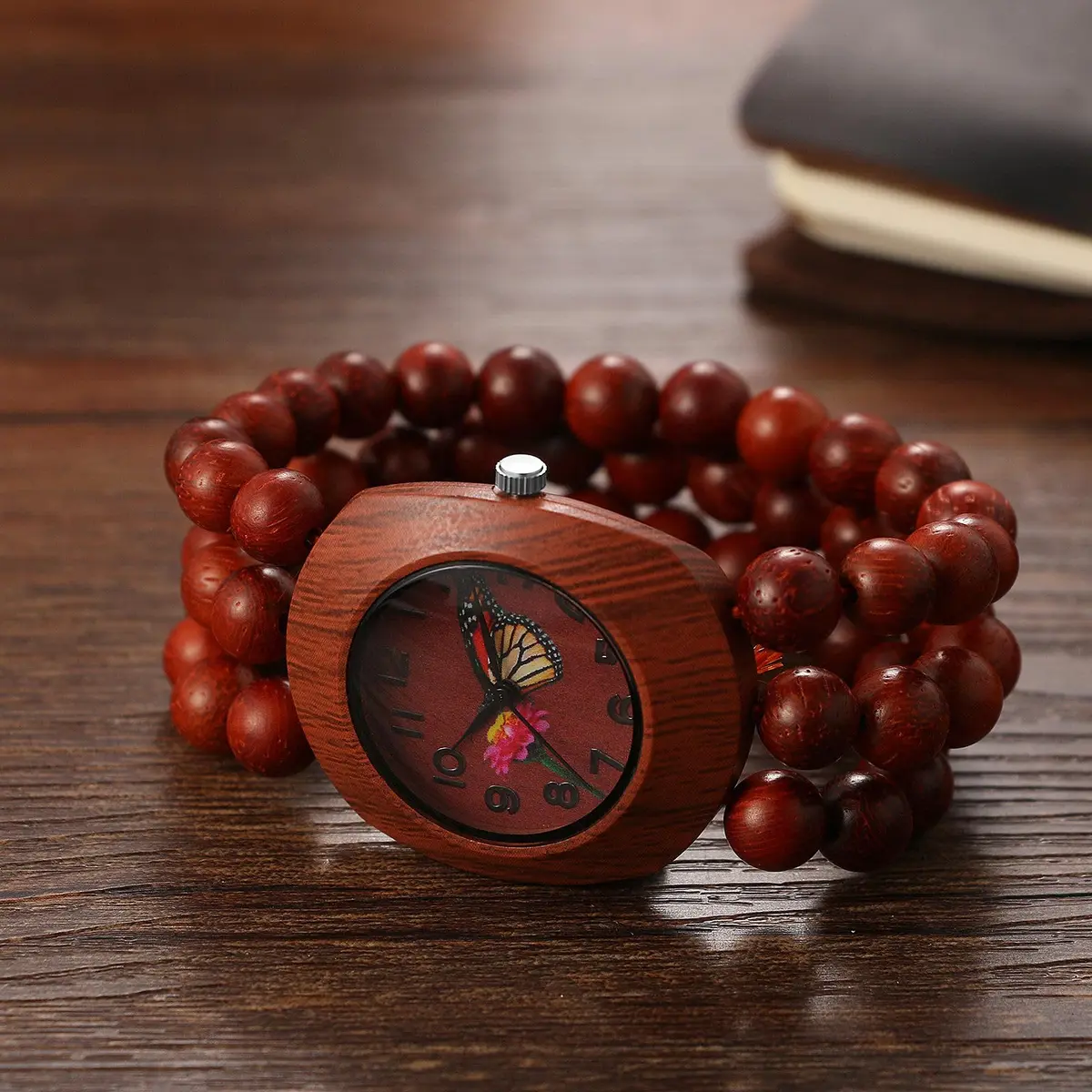 JewelryWe Bohemian Wooden Elastic Watch with Butterfly Dial | 3.7cm Tonneau Case, 1.7cm Band Width - view 5