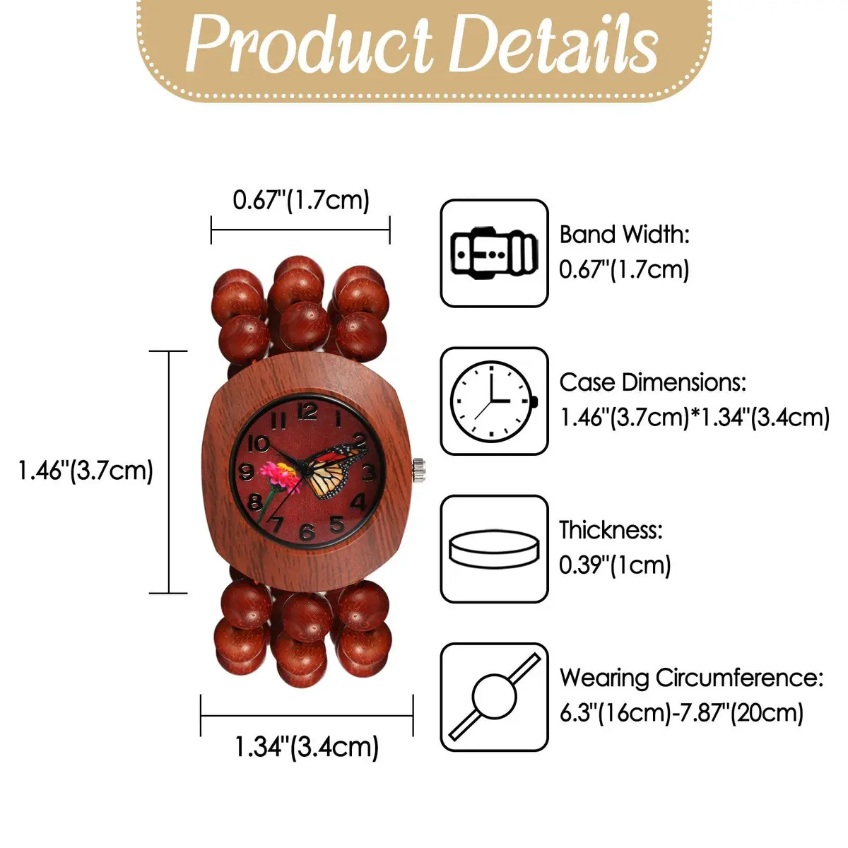 JewelryWe Bohemian Wooden Elastic Watch with Butterfly Dial | 3.7cm Tonneau Case, 1.7cm Band Width - view 6