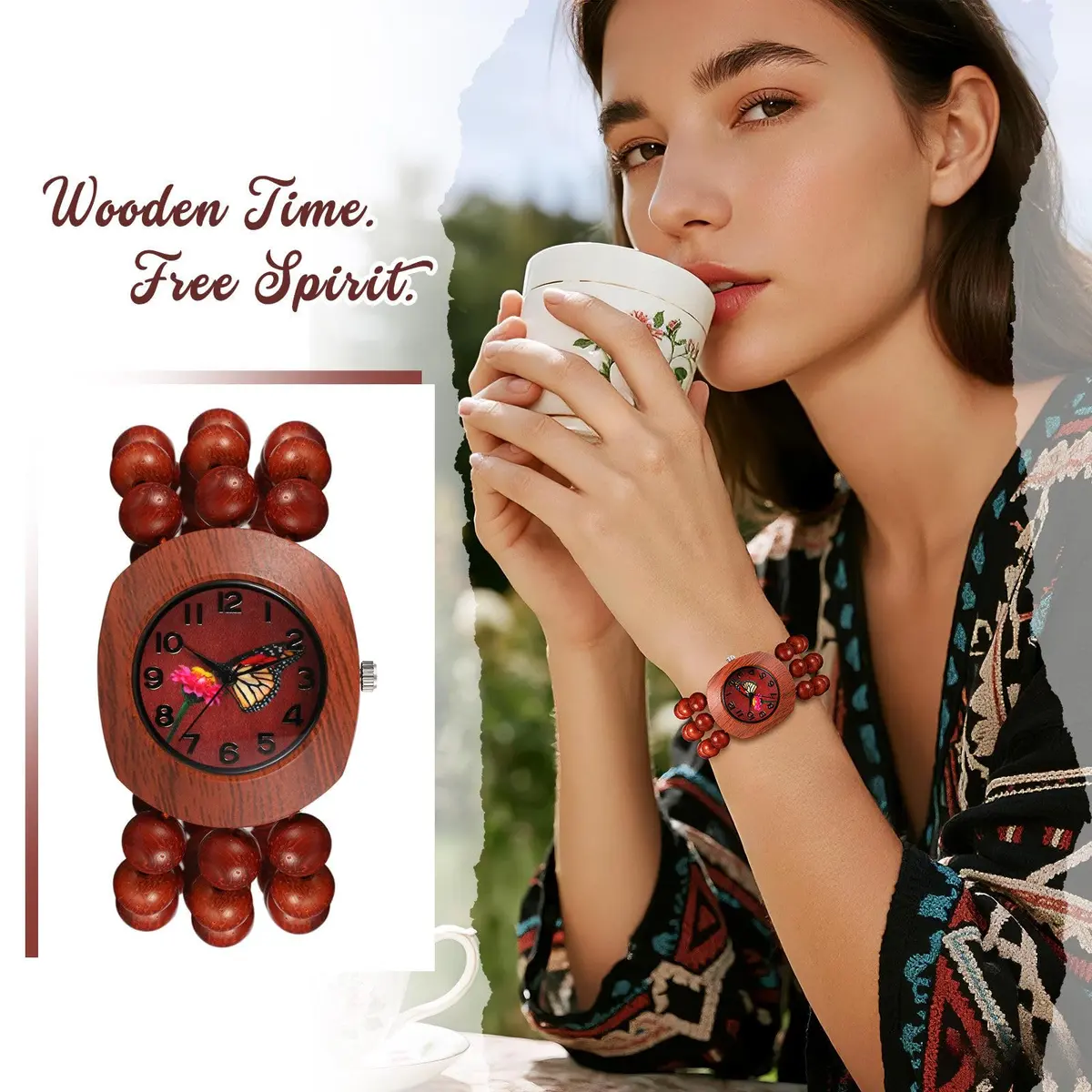 JewelryWe Bohemian Wooden Elastic Watch with Butterfly Dial | 3.7cm Tonneau Case, 1.7cm Band Width - view 7