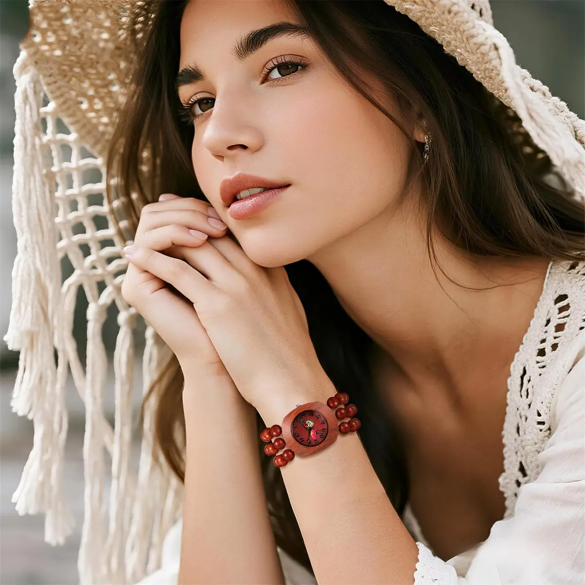 JewelryWe Bohemian Wooden Elastic Watch with Butterfly Dial | 3.7cm Tonneau Case, 1.7cm Band Width - view 2