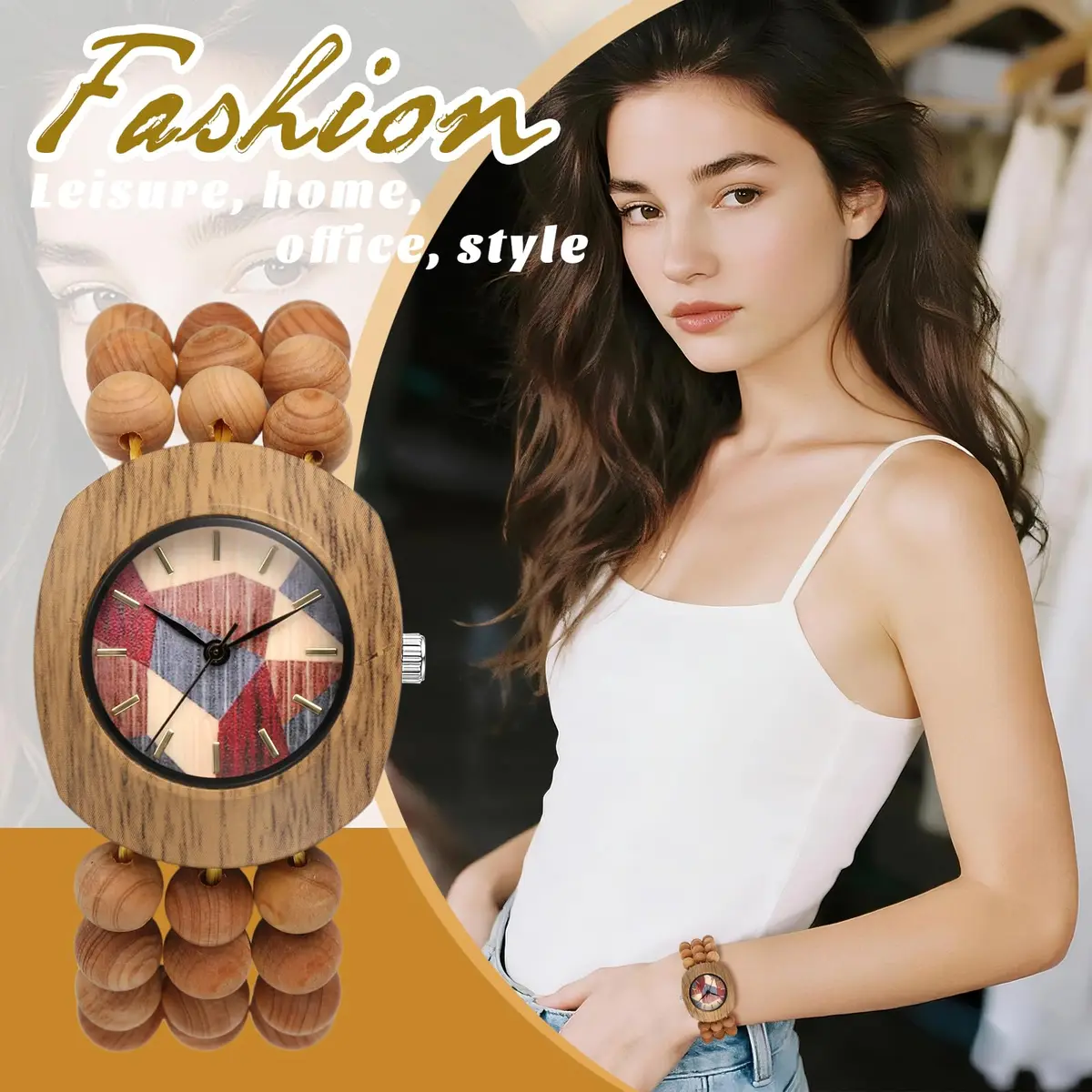 JewelryWe Bohemian Wooden Elastic Watch for Women | 3.7cm Tonneau Case, 1.7cm Band Width - view 5