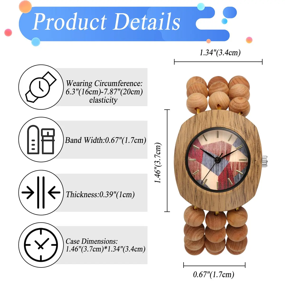 JewelryWe Bohemian Wooden Elastic Watch for Women | 3.7cm Tonneau Case, 1.7cm Band Width - view 2