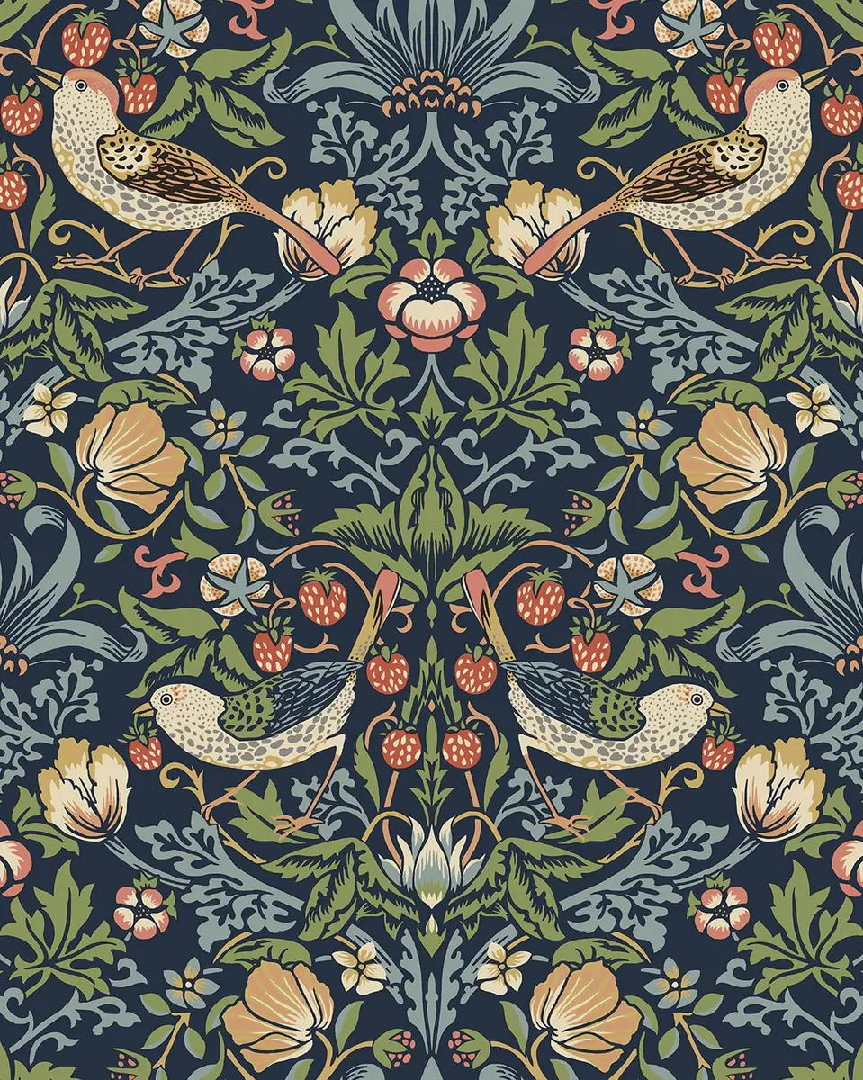 NextWall Seabrook Designs Fragaria Garden Vintage Prepasted Wallpaper (Midnight Blue) | Floral Pattern, 56 sq. ft, USA Design - main product image