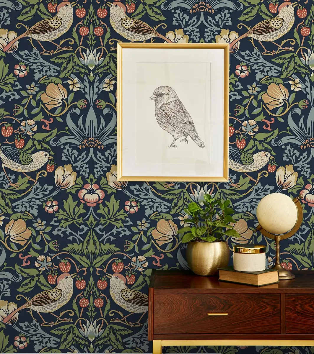 NextWall Seabrook Designs Fragaria Garden Vintage Prepasted Wallpaper (Midnight Blue) | Floral Pattern, 56 sq. ft, USA Design - view 5