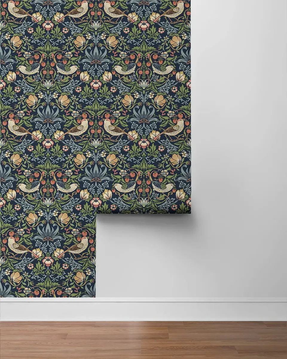 NextWall Seabrook Designs Fragaria Garden Vintage Prepasted Wallpaper (Midnight Blue) | Floral Pattern, 56 sq. ft, USA Design - view 6