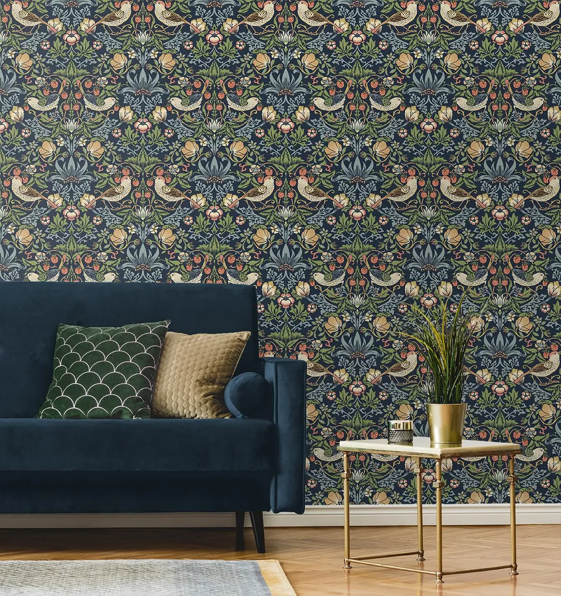 NextWall Seabrook Designs Fragaria Garden Vintage Prepasted Wallpaper (Midnight Blue) | Floral Pattern, 56 sq. ft, USA Design - view 2