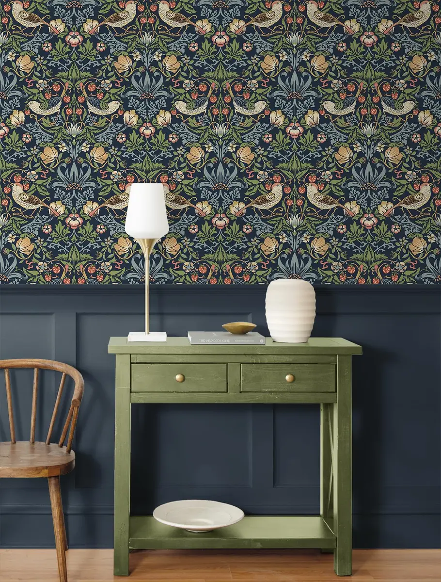 NextWall Seabrook Designs Fragaria Garden Vintage Prepasted Wallpaper (Midnight Blue) | Floral Pattern, 56 sq. ft, USA Design - view 3