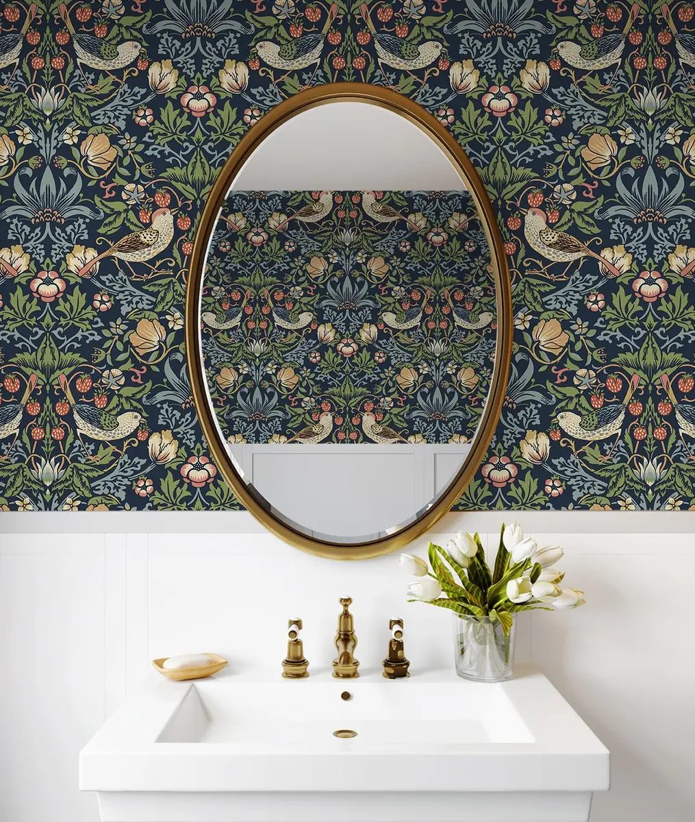 NextWall Seabrook Designs Fragaria Garden Vintage Prepasted Wallpaper (Midnight Blue) | Floral Pattern, 56 sq. ft, USA Design - view 4