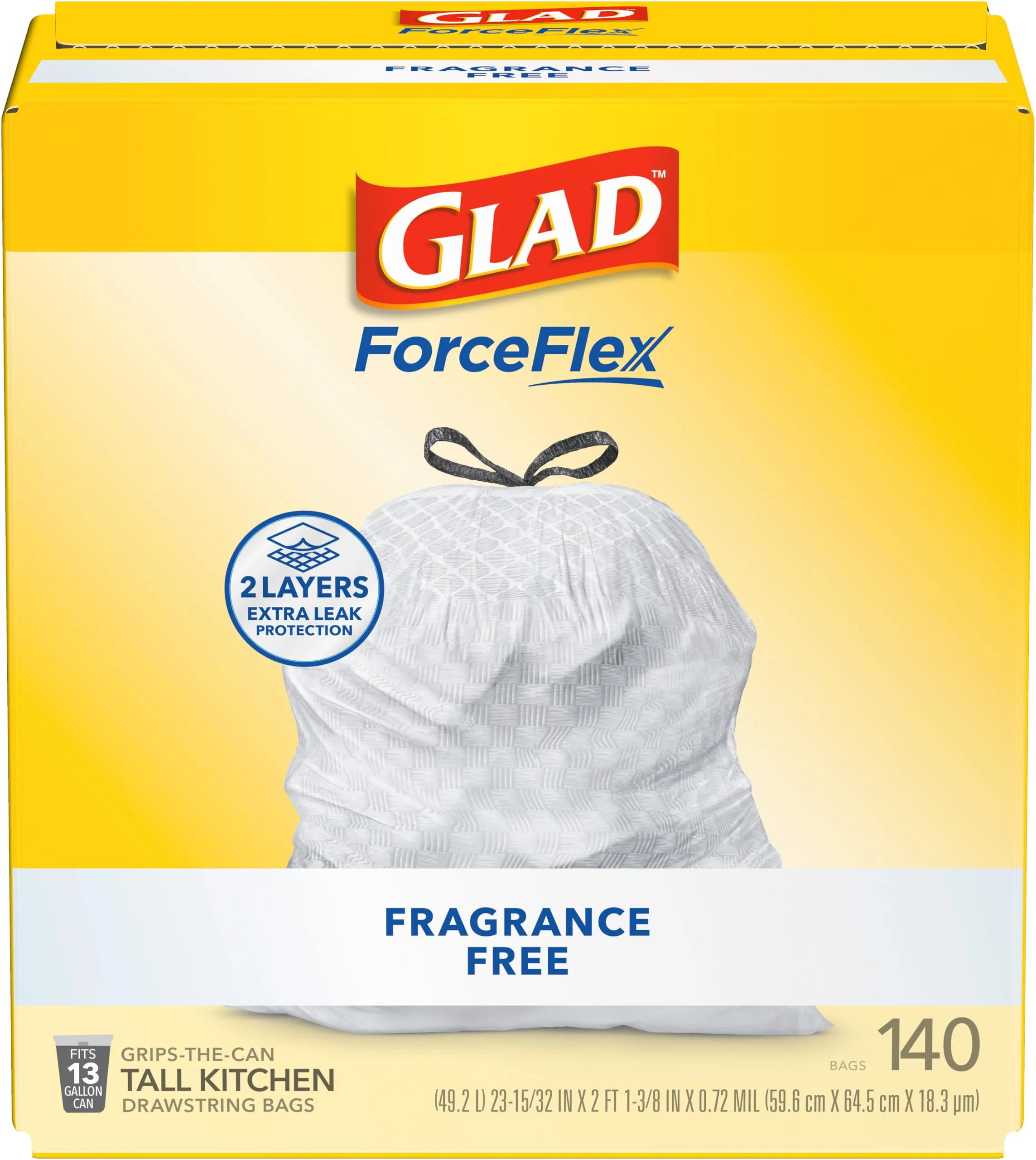 Glad ForceFlex Tall Kitchen Drawstring Trash Bags, Fragrance Free, 140 Count | Strong, Reliable, and Mess-Free Kitchen Waste Disposal - main product image