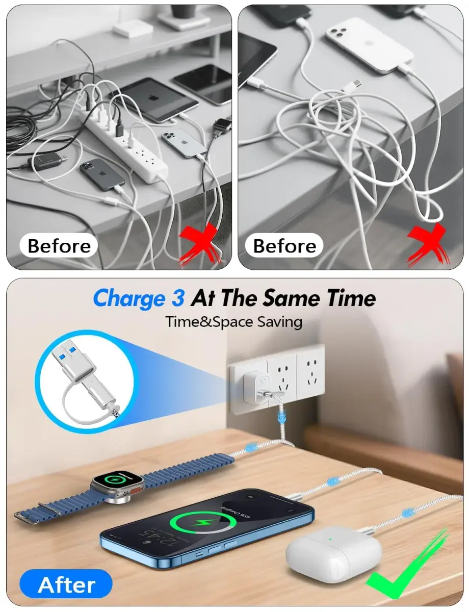 xiwxi 3-in-2 Multi-Charging Cable 1.5m (4.9ft) | Fast Charging for Apple Watch, iPhone, USB-C Devices - view 4