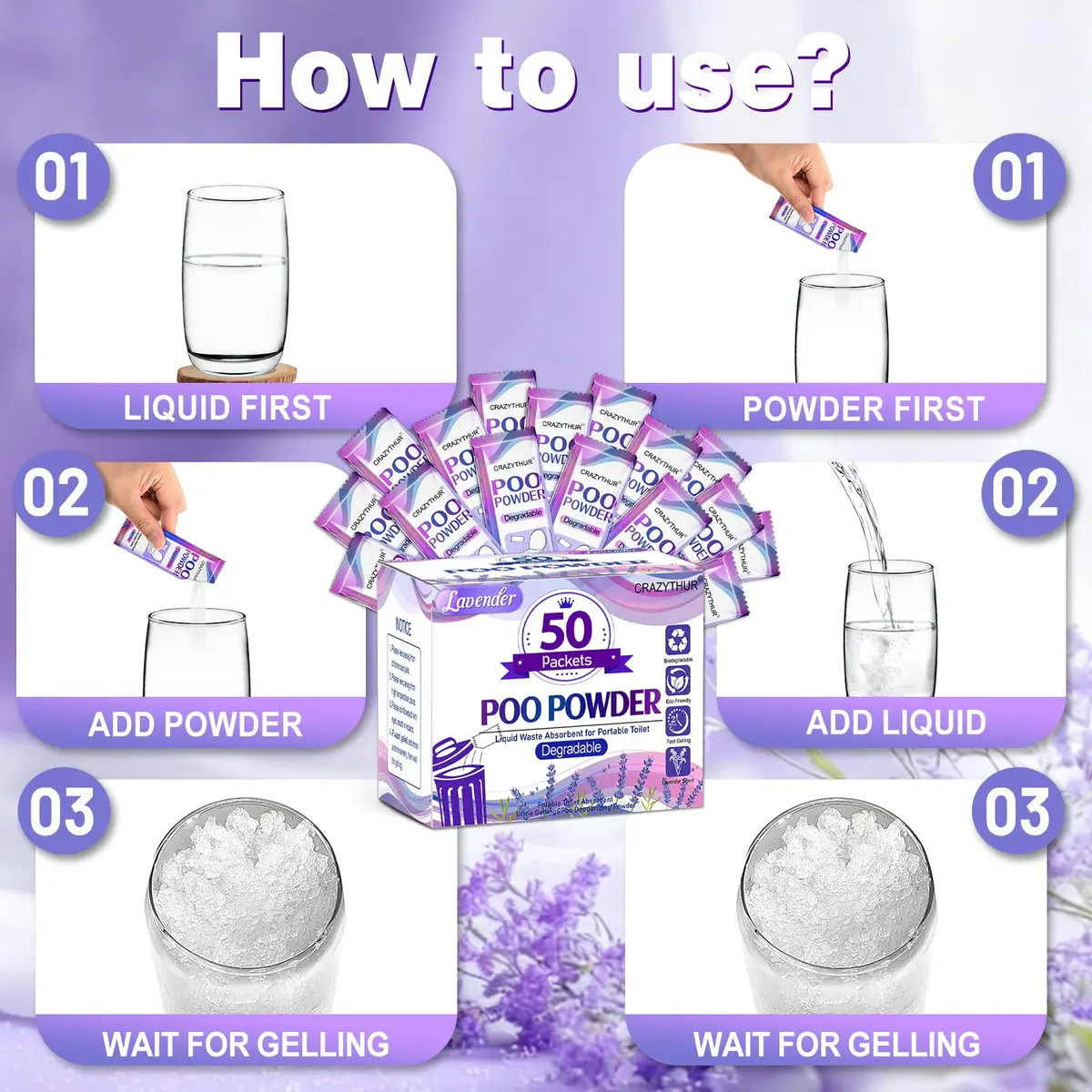 CRAZYTHUR Poo Powder Gel Powder 50PCS Lavender Scent | Solidifies 1000ml Water or 650ml Urine - view 7