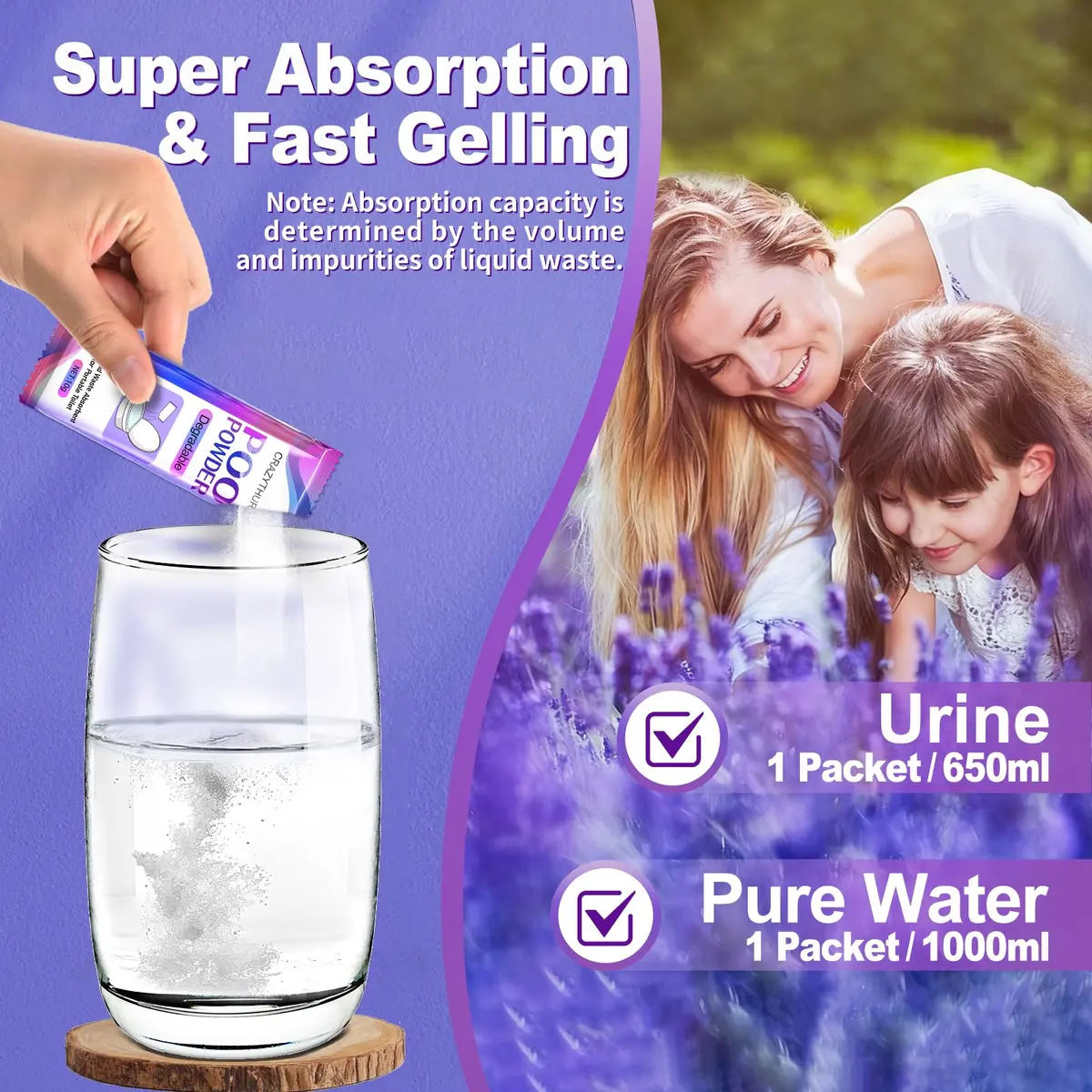 CRAZYTHUR Poo Powder Gel Powder 50PCS Lavender Scent | Solidifies 1000ml Water or 650ml Urine - view 2