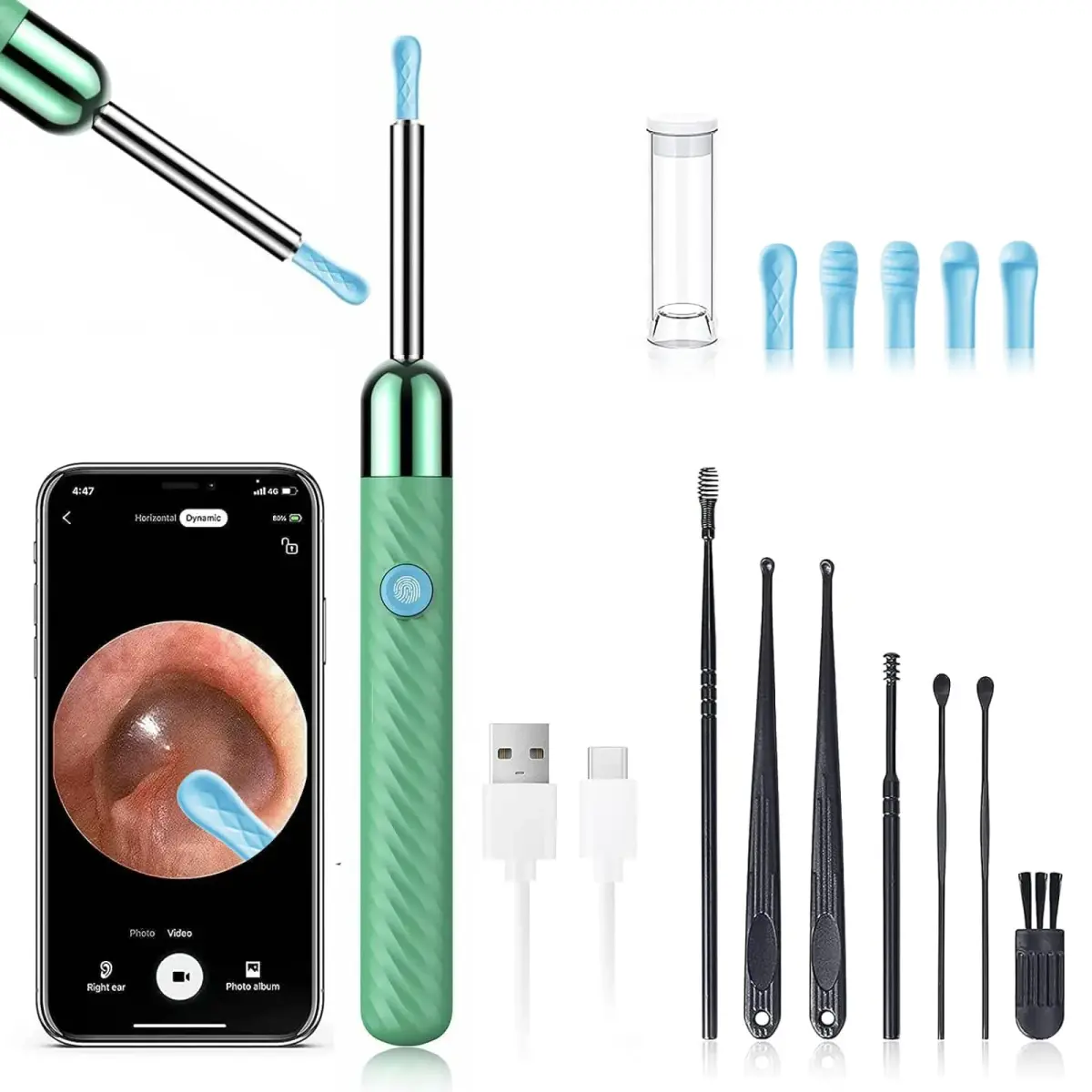 LEIPUT Ear Wax Removal Tool with 1080P HD Camera & 6 Ear Spoons | Green, 1-Pack - main product image