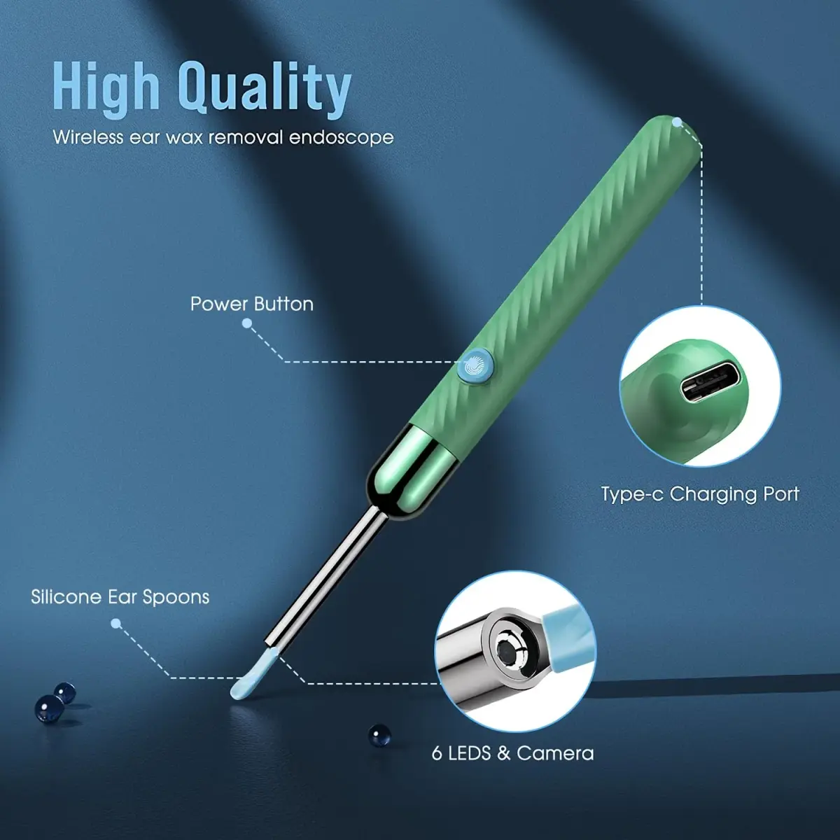 LEIPUT Ear Wax Removal Tool with 1080P HD Camera & 6 Ear Spoons | Green, 1-Pack - view 3