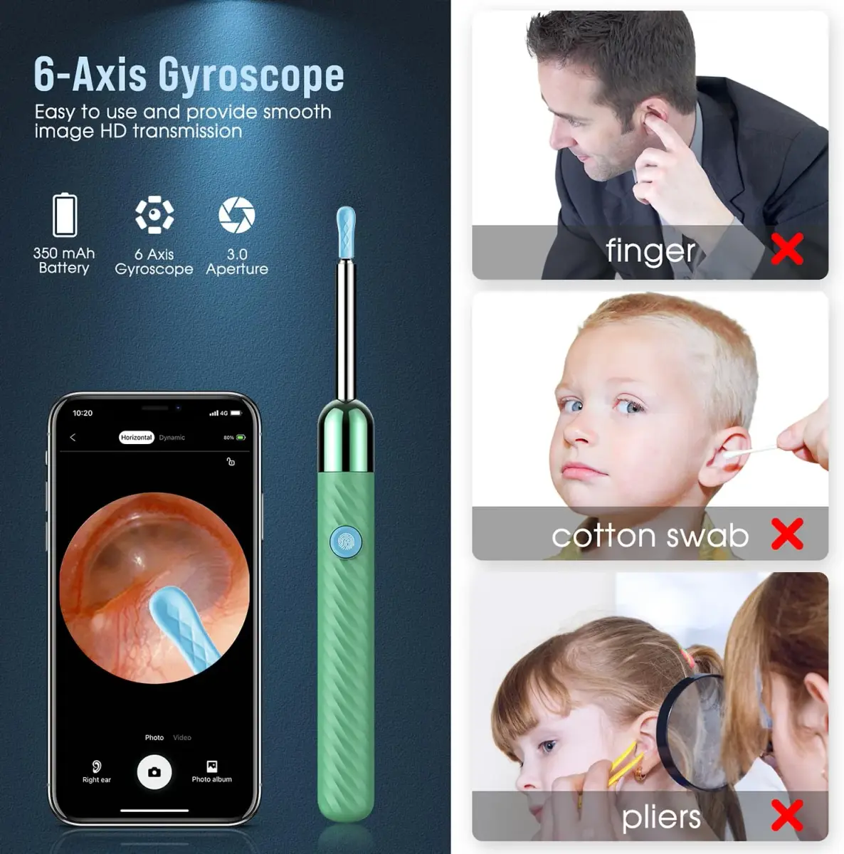 LEIPUT Ear Wax Removal Tool with 1080P HD Camera & 6 Ear Spoons | Green, 1-Pack - view 4