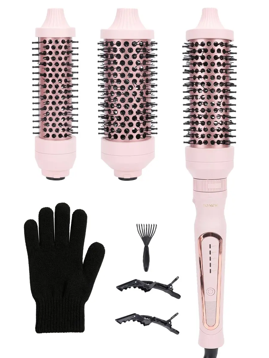 Sonew Heated Round Brush Thermal Curling Brush Set 3 Sizes, Pink | 5 Temperature Settings, Ion Ceramic Coating, Rapid Heat-Up - main product image