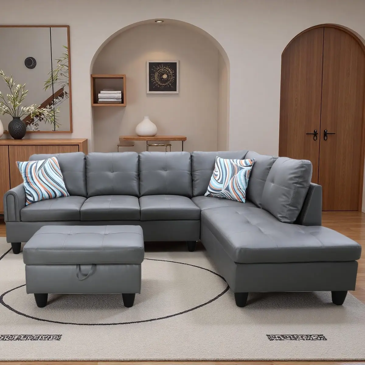 Topcomfy Leather L-Shaped Couch Set, 97.5" L x 69.5" W in Grey | Modular, Skin-Friendly, Durable - main product image
